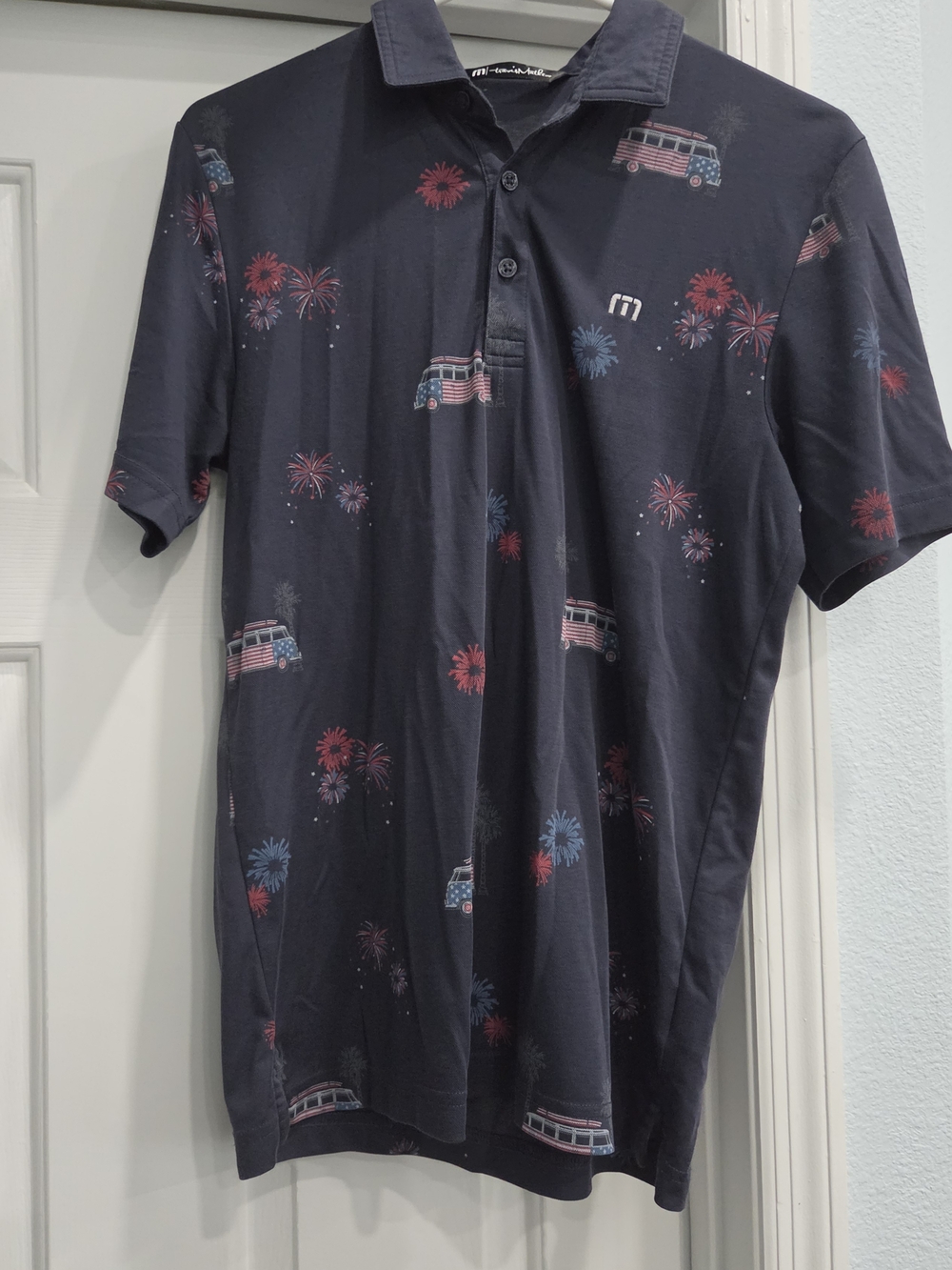 Travis Mathew Navy Polo with Red & Blue Firework and Van Print
